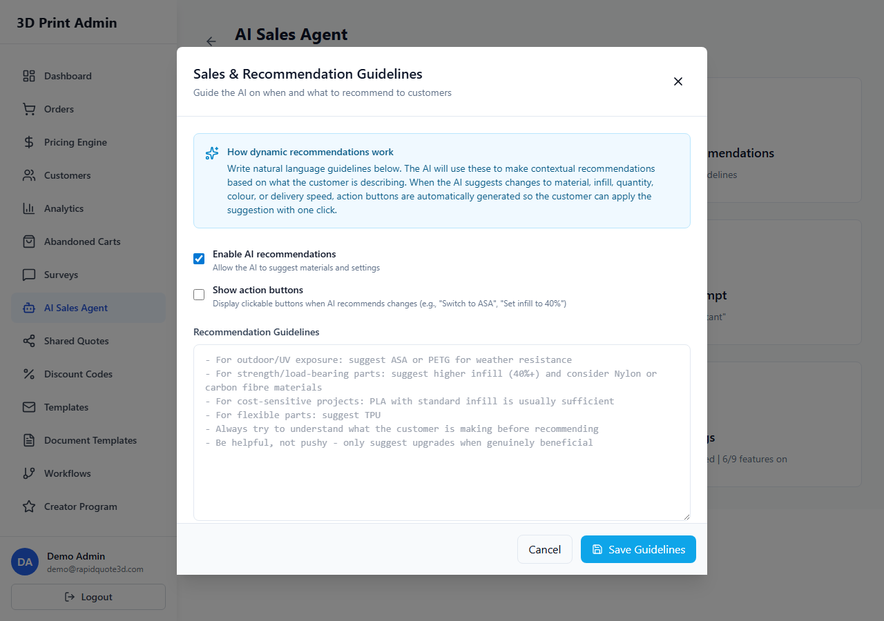 RapidQuote3D AI Sales Agent Recommendations section showing upsell rules with keyword triggers and priority settings