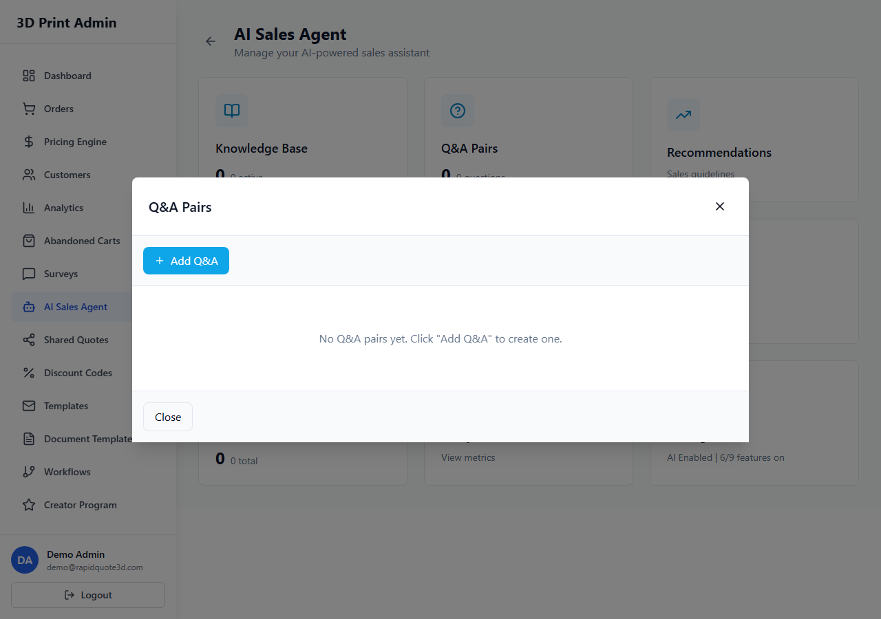 RapidQuote3D AI Sales Agent Q&A Pairs section showing question and answer training entries