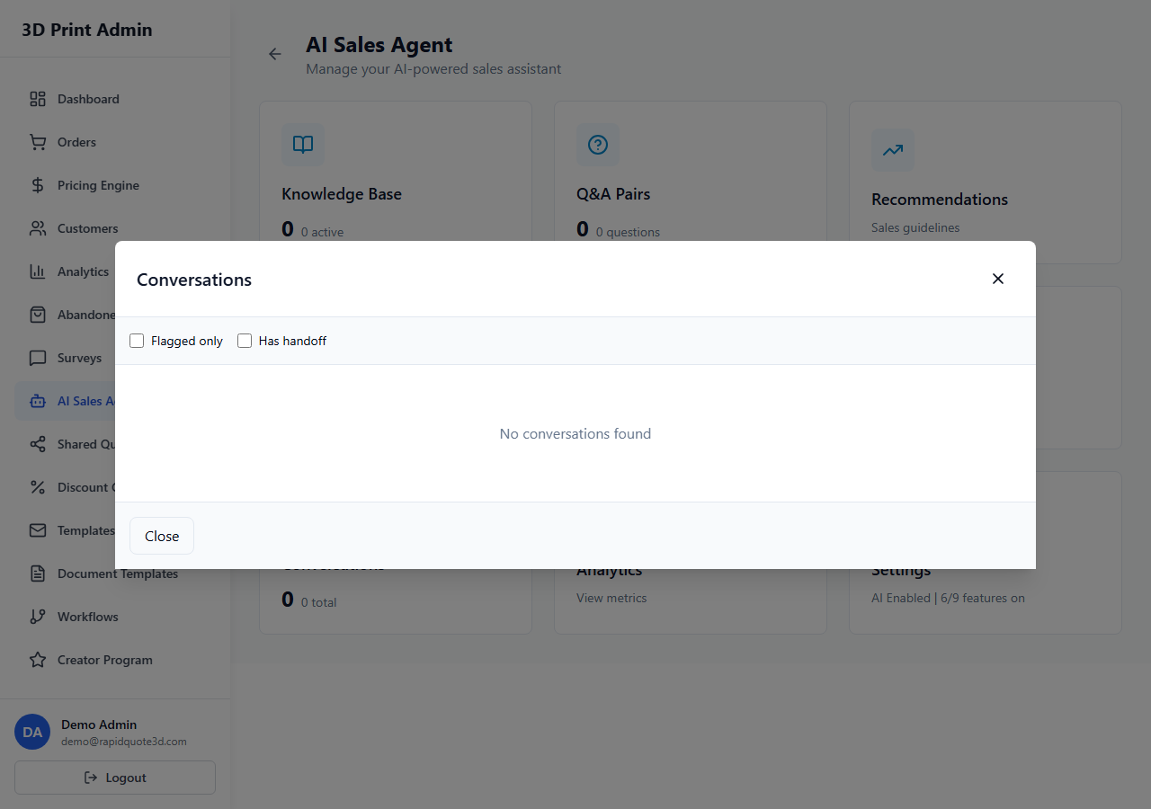RapidQuote3D AI Sales Agent Conversations section showing chat history and conversation management