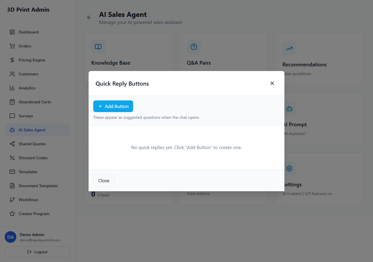 RapidQuote3D AI Sales Agent Quick Replies section showing suggested response buttons and service listings