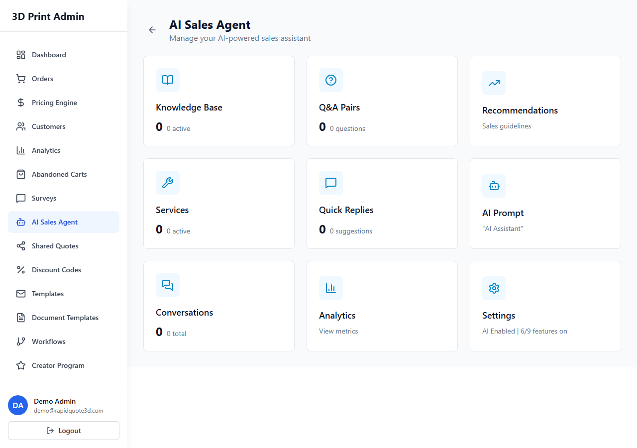 RapidQuote3D AI Sales Agent overview page showing configuration cards for Knowledge Base, Q&A Pairs, Recommendations, Services, Quick Replies, Conversations, Analytics, and Settings