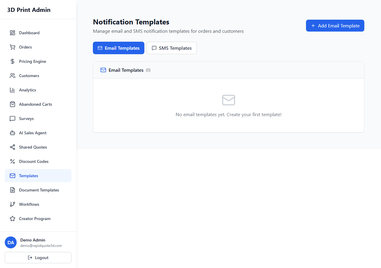 RapidQuote3D Templates page showing the email template list with template names, triggers, and status