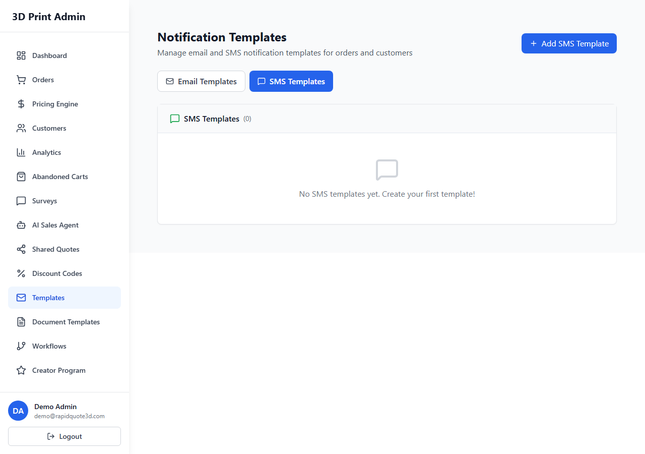 RapidQuote3D Templates page showing SMS template configuration with character count and variable picker