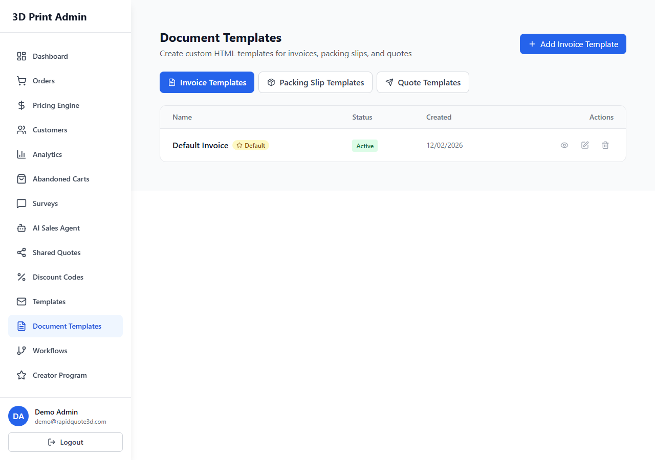 RapidQuote3D Document Templates page showing invoice, quote, and packing slip template customisation