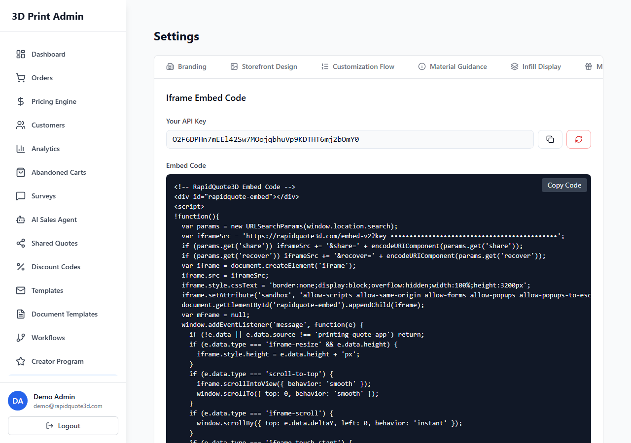 RapidQuote3D Settings page showing the Customization Flow tab with step headings and description editor