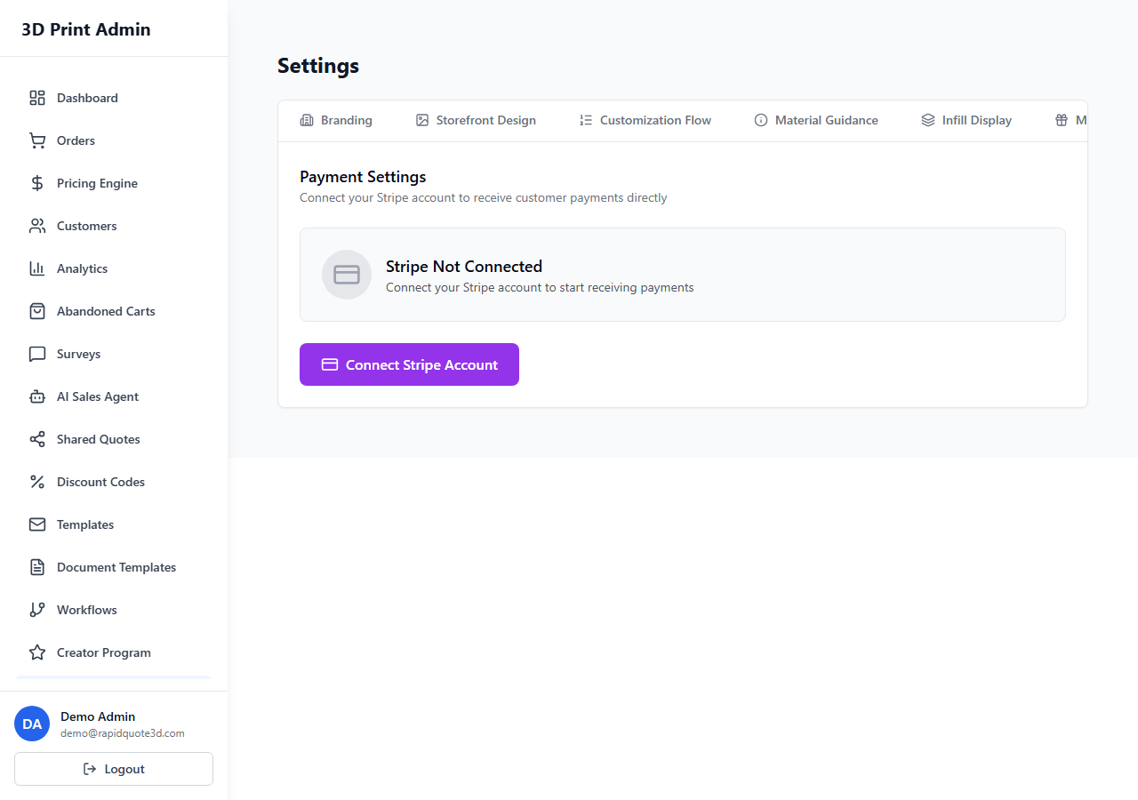 RapidQuote3D Settings page showing the Payments tab with Stripe connection status and configuration