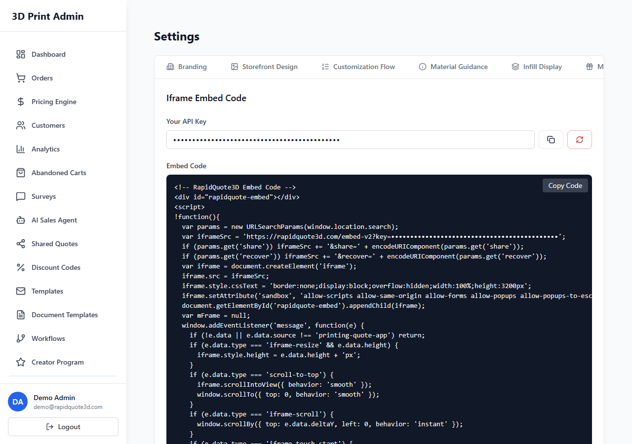 RapidQuote3D Settings page showing the Iframe Embed Code tab with API key and embed code snippet