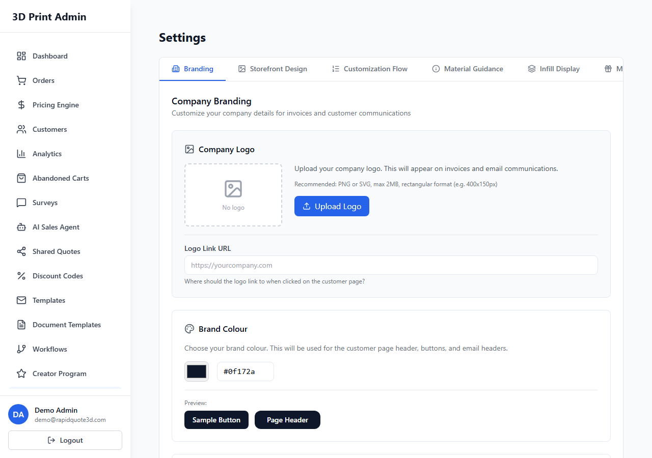RapidQuote3D Settings page showing the Branding tab with logo upload, brand colour, and company information fields