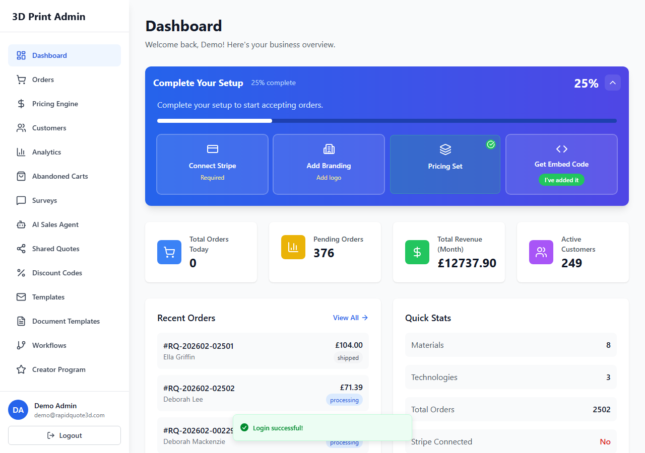 RapidQuote3D admin dashboard showing navigation sidebar, stat cards, recent orders, and quick stats panel