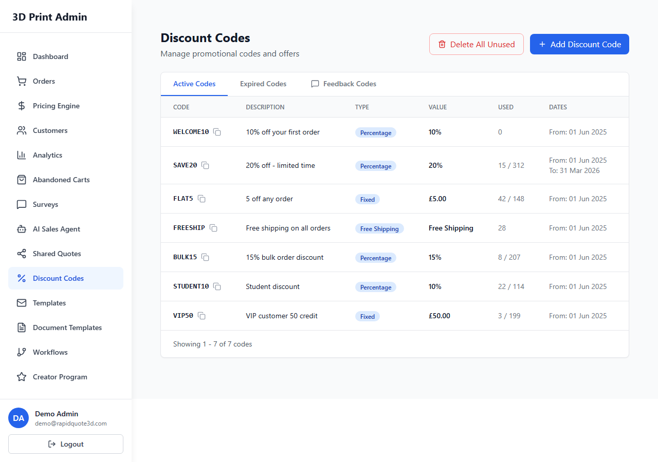 RapidQuote3D Discount Codes page showing the discount code list with types, usage limits, and status