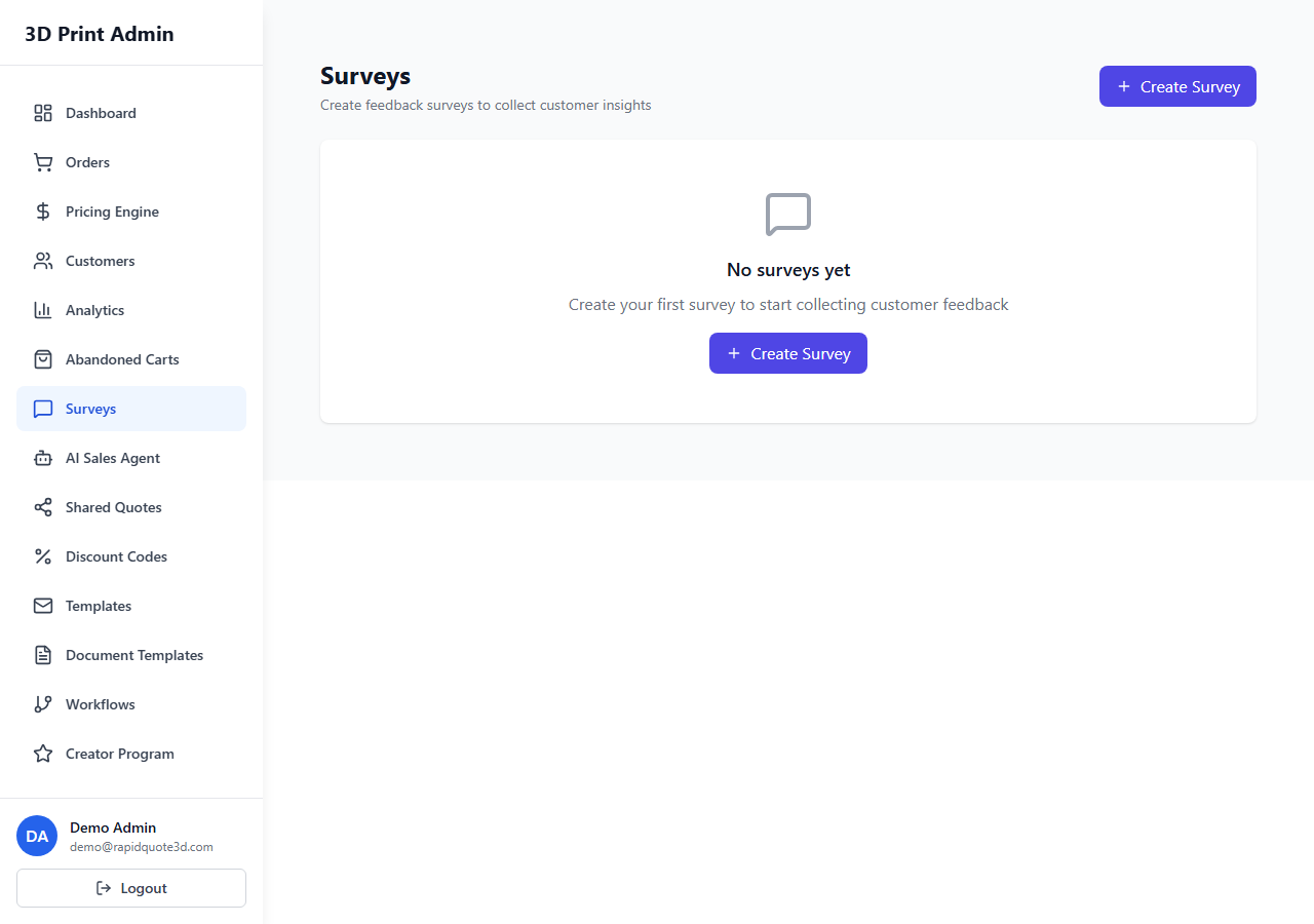 RapidQuote3D Surveys page showing the survey list with response counts and status indicators