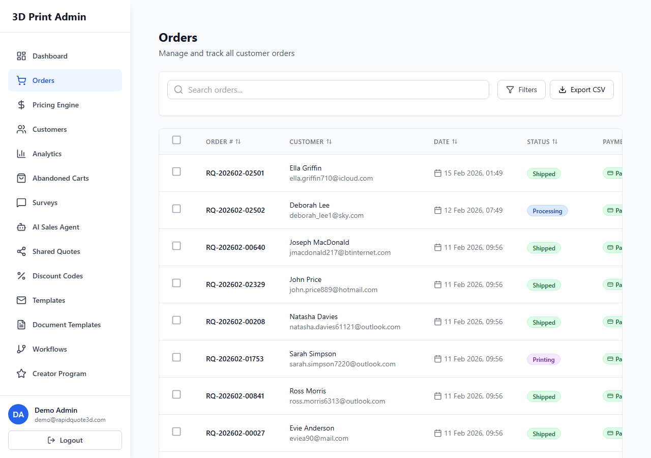 RapidQuote3D Orders page showing the order list table with status badges, customer names, and order totals