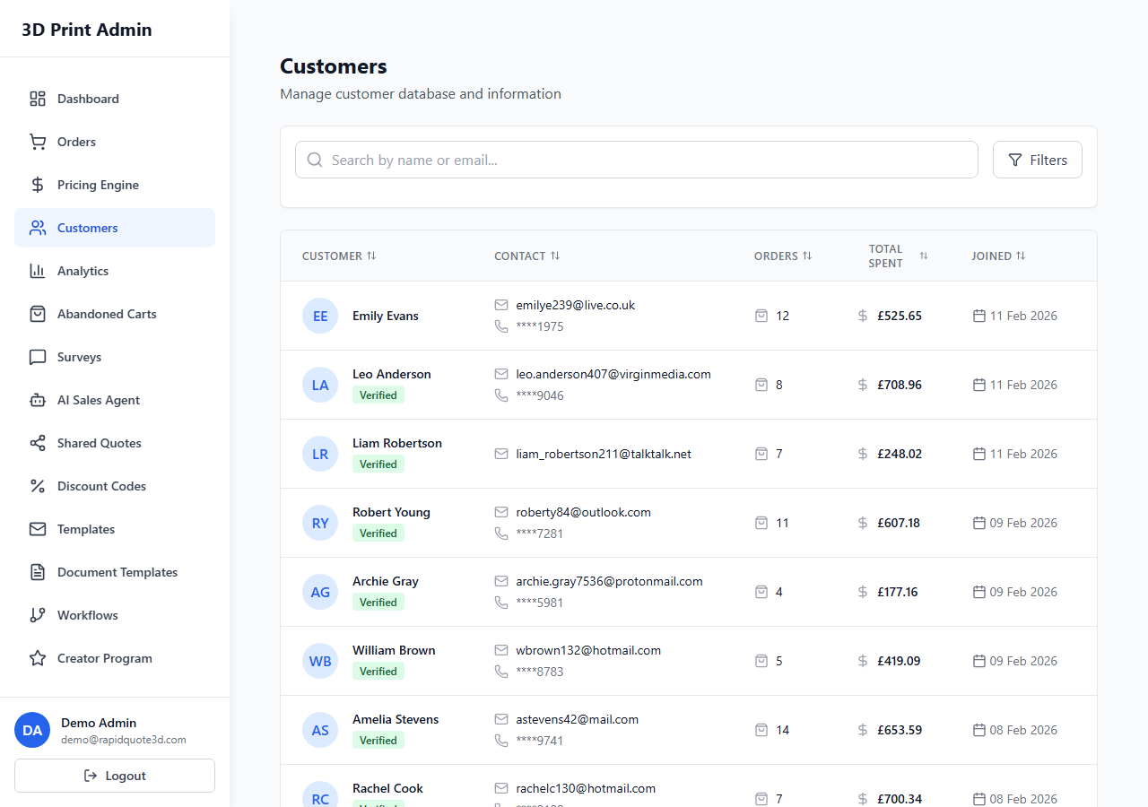 RapidQuote3D Customers page showing the customer list with search, contact details, and order history