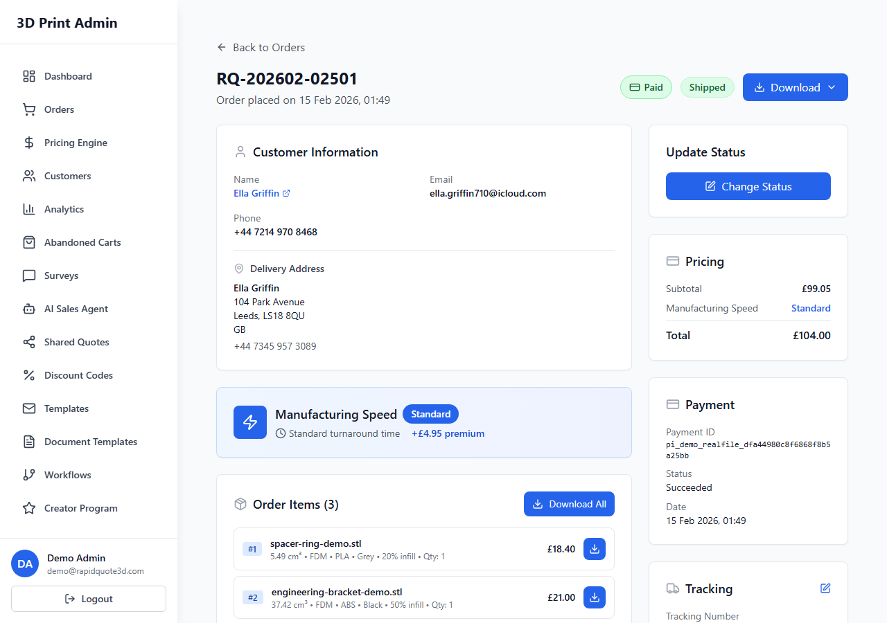 RapidQuote3D order detail page showing customer information, pricing breakdown, payment status, and order items