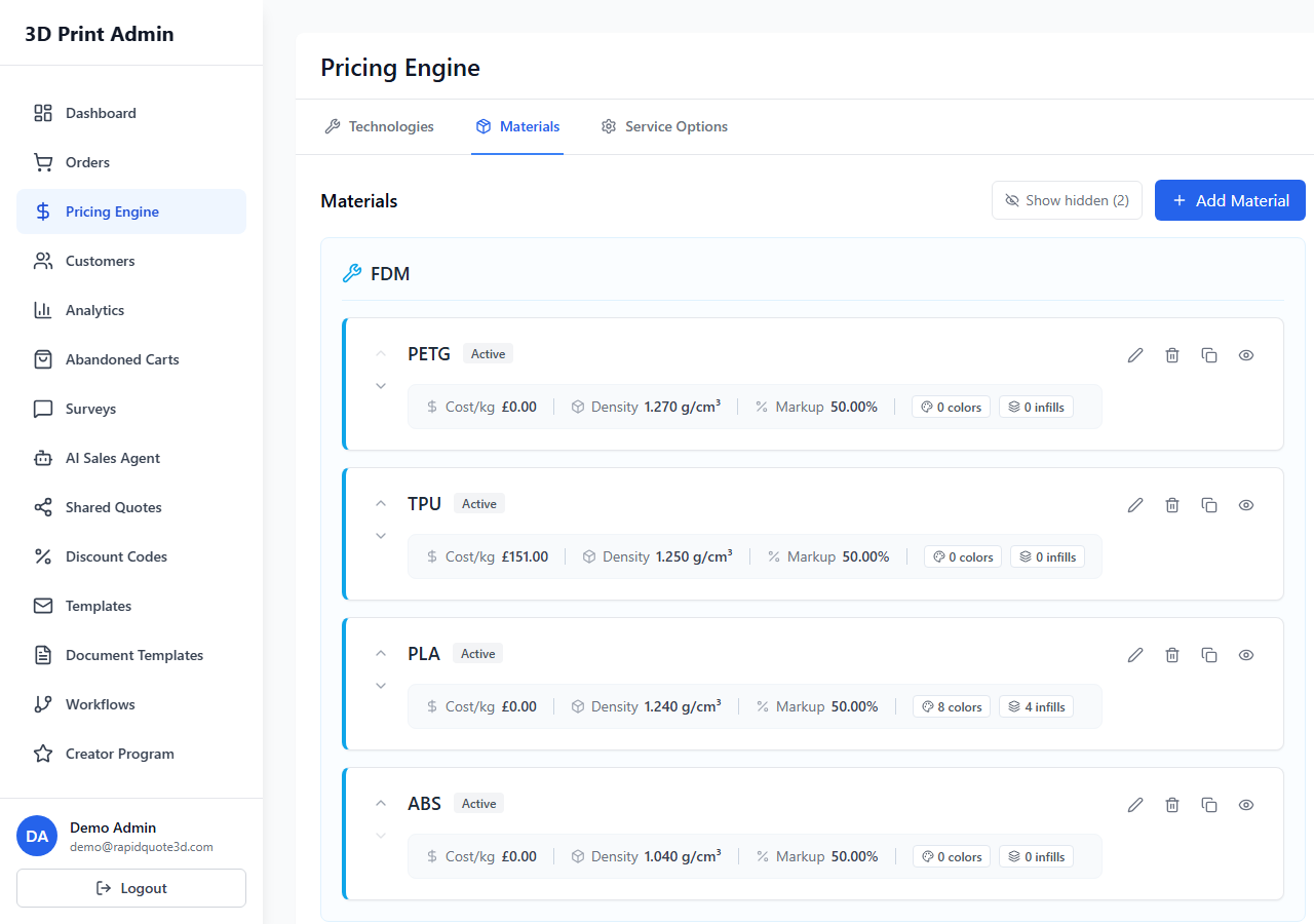 RapidQuote3D Pricing Engine Materials tab scrolled to show colour configuration options