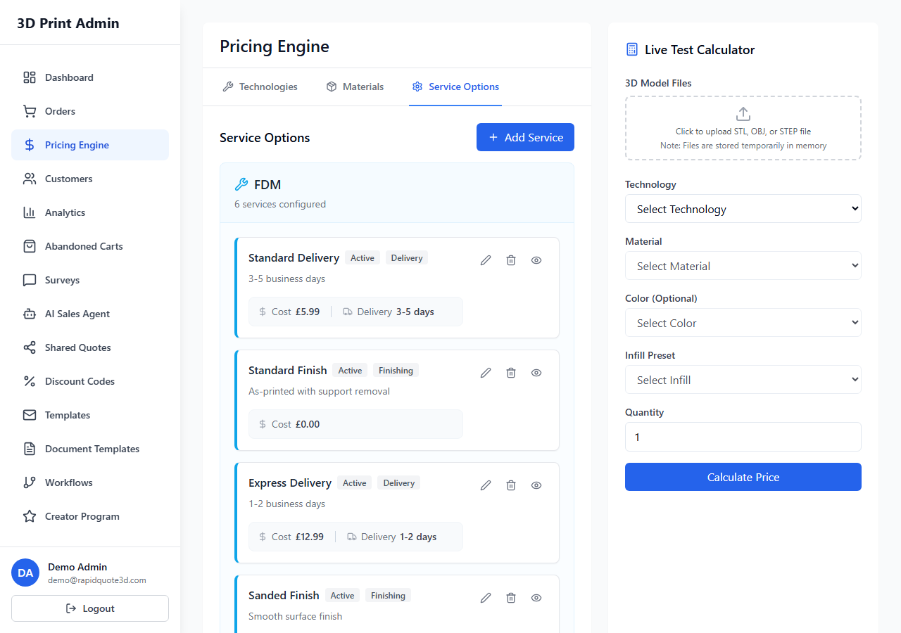 RapidQuote3D Pricing Engine showing the Service Options tab with delivery speed and add-on configurations