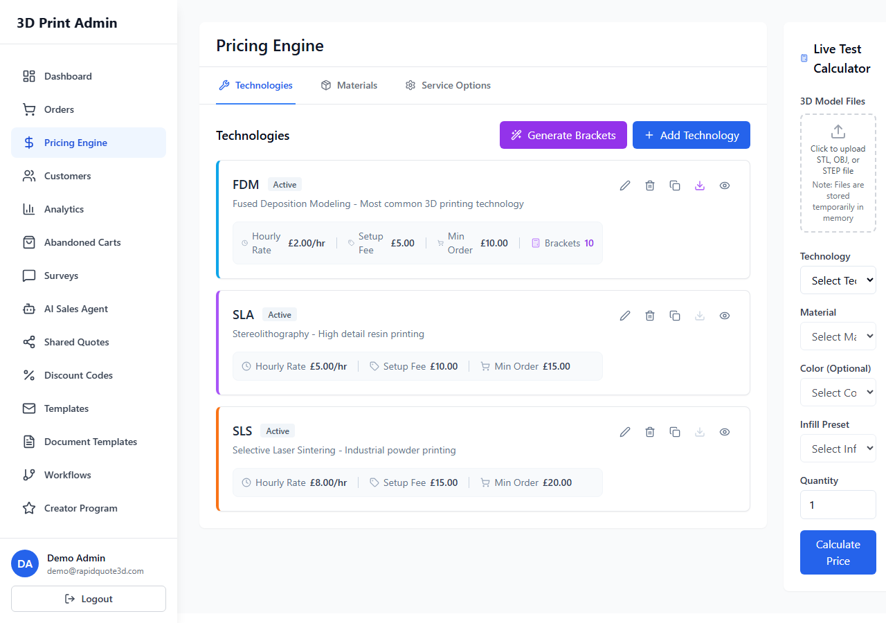RapidQuote3D Pricing Engine showing the Technologies tab with FDM, SLA, and SLS technologies listed