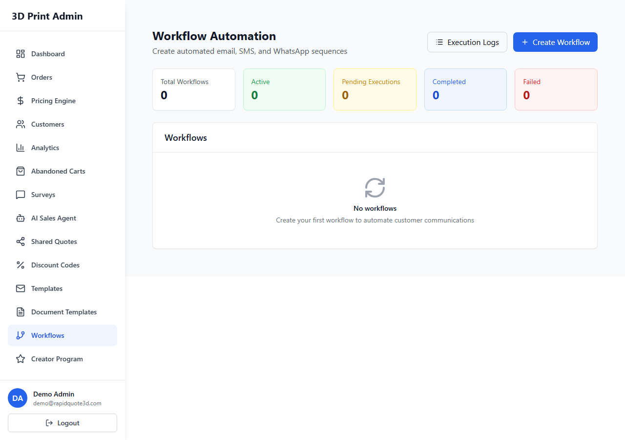 RapidQuote3D Workflows page showing execution history with timestamps, status, and retry options